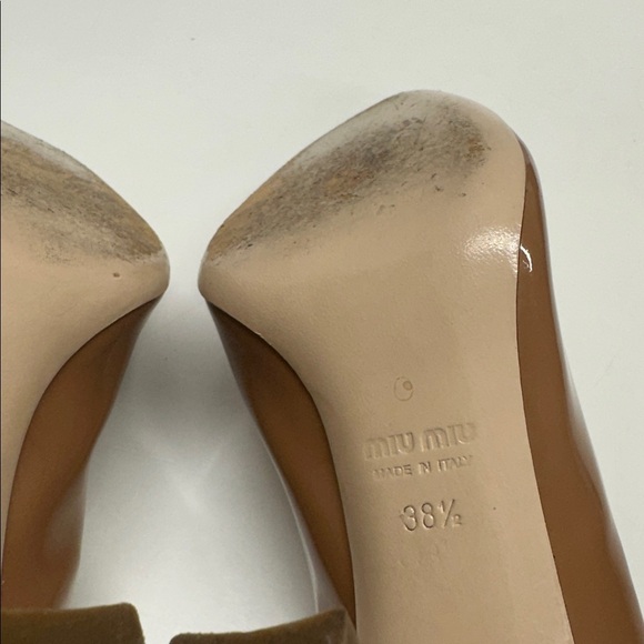 Miu Miu Heels Open Toe Patent Leather Bow Block Heel Tan Brown Size 38.5 US 8.5 - Picture 11 of 11